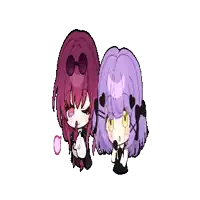 a pixel art drawing of two anime girls with purple hair