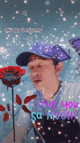 a man in a purple hat is holding a red rose with the words i love you so much on the bottom