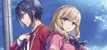 a boy and a girl are standing next to each other with a blue sky in the background