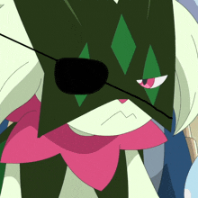 a cartoon character with a black eye patch and a pink flower