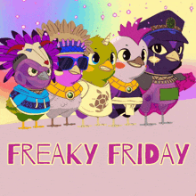 a group of birds standing next to each other with the words " freaky friday "