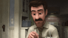 a man with a mustache is sitting in a kitchen eating something
