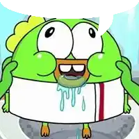 a cartoon character with a speech bubble coming out of its mouth .