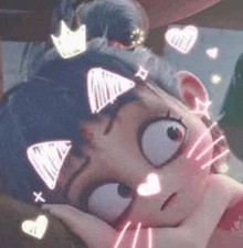 a close up of a cartoon character with hearts on her face and ears .