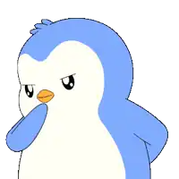 a blue and white penguin with a yellow beak looks angry