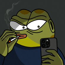 a cartoon of a frog smoking a cigarette and taking a selfie