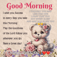 a picture of a teddy bear with the words good morning