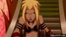 a cartoon character is standing on a set of stairs looking at the camera .