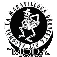 a black and white logo for la moda burgos with a skeleton playing an accordion