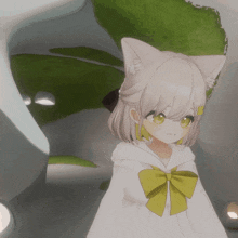 a girl with white hair and yellow eyes is wearing a white hoodie and a yellow bow
