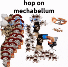 a poster that says hop on mechabellum with a cat using a laptop