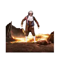 a man in a brown suit and white socks is standing in front of a volcano