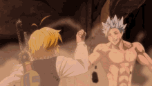 a man with a sword is standing next to another man