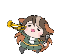 a cartoon drawing of a woman holding a trumpet and a microphone