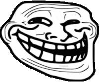 a black and white drawing of a troll face with big teeth