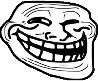 a black and white drawing of a troll face with big teeth