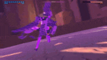a video game screen shows a purple robot flying through a fire .
