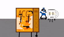 a cartoon character is standing next to a box that says acc