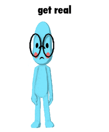 a blue cartoon character with glasses stands with his hands on his hips and the words get real above him