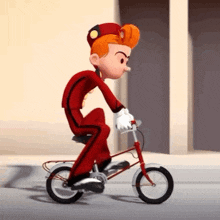 a cartoon character is riding a red bicycle on the street .