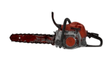 a bloody chainsaw on a white background with a red handle