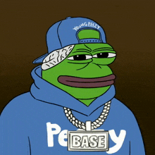 a cartoon of a frog wearing a blue hoodie and a blue hat that says young peezy