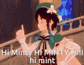 a girl in a green hat and white gloves is giving a thumbs up sign .
