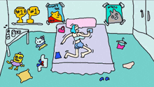 a drawing of a girl laying on a bed with a poster that says awwny tue