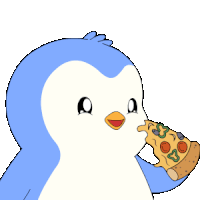 a penguin is eating a slice of pizza with pepperoni and cheese