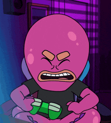 a pink cartoon character is holding a game controller