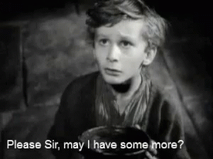 Gif of Oliver from Oliver Twist begging for more porridge from the foreman