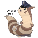 a raccoon wearing a police hat and handcuffs is sitting on the ground .