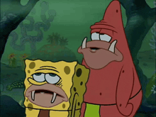 a cartoon of spongebob and patrick standing next to each other with their mouths open