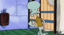 squidward from spongebob squarepants is standing in front of a wooden door in a bathroom .