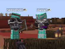 two minecraft characters named nezoshoki and damlet are standing next to each other on a wooden fence