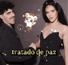 a man and a woman shaking hands with the words tratado de paz in the corner