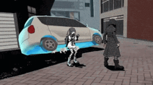 a man and a woman are standing next to a car that is floating in the air .