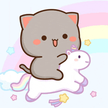 a cat is riding on the back of a unicorn with a rainbow in the background