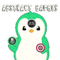 a green penguin holding two badges with the words abstract badges written above it