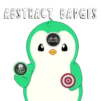 a green penguin holding two badges with the words abstract badges written above it
