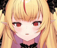 a close up of a blonde anime girl with red eyes and ears