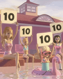 a group of barbie dolls holding up signs with the number 10 on them