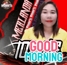 a picture of a woman with the words " good morning " on it