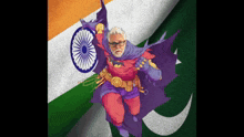 a man in a superhero costume is flying over a flag