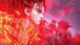 a close up of a man 's face in a red and gold costume