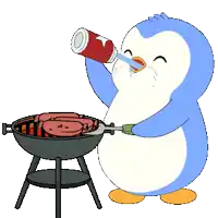 a penguin is drinking from a can while grilling sausages