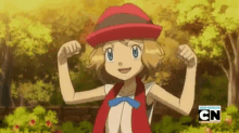 a cartoon girl is flexing her muscles in front of trees .