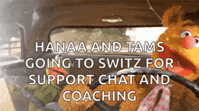 a muppet is driving a car with the words hanaa and tams going to switz for support chat and coaching