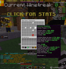 a screenshot of a minecraft game that says click for stats at the top