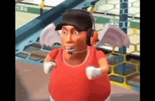 a cartoon character wearing headphones and a hat with wings is running .